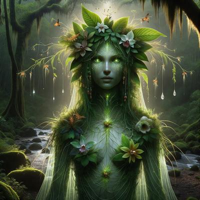 The primary subject of the image is a woman with a green plant growing out of her chest. She is wearing a flower crown and has a green plant growing out of her back. The setting is a forest, with a waterfall in the background. The visual style is a digital art illustration, featuring a vibrant color palette and a surreal, fantastical atmosphere.